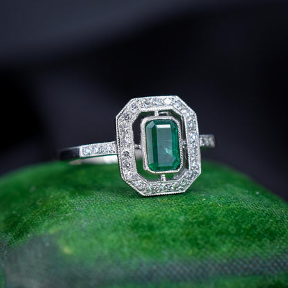 Art Deco Style Natural Emerald and Diamond Halo Platinum Ring