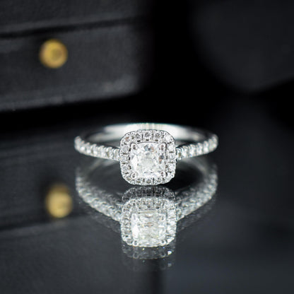 Cushion Cut 0.40ct Diamond Halo Cluster Platinum Engagement Ring
