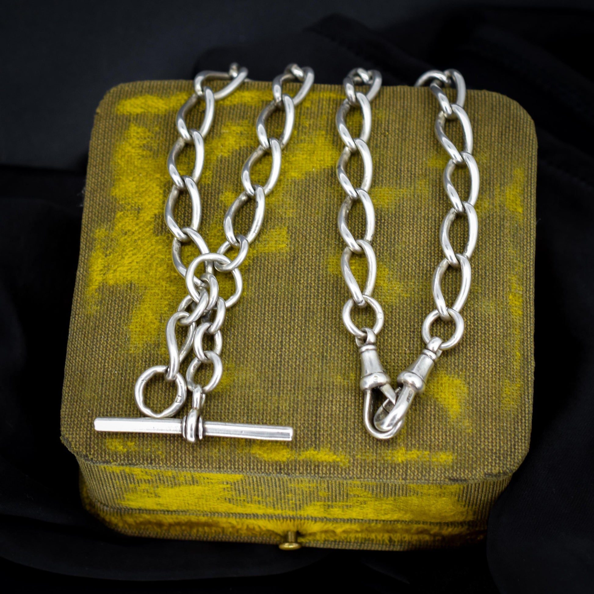 Antique 16.5" Sterling Silver Albert Watch Chain Necklace with T-Bar and Dog Clips