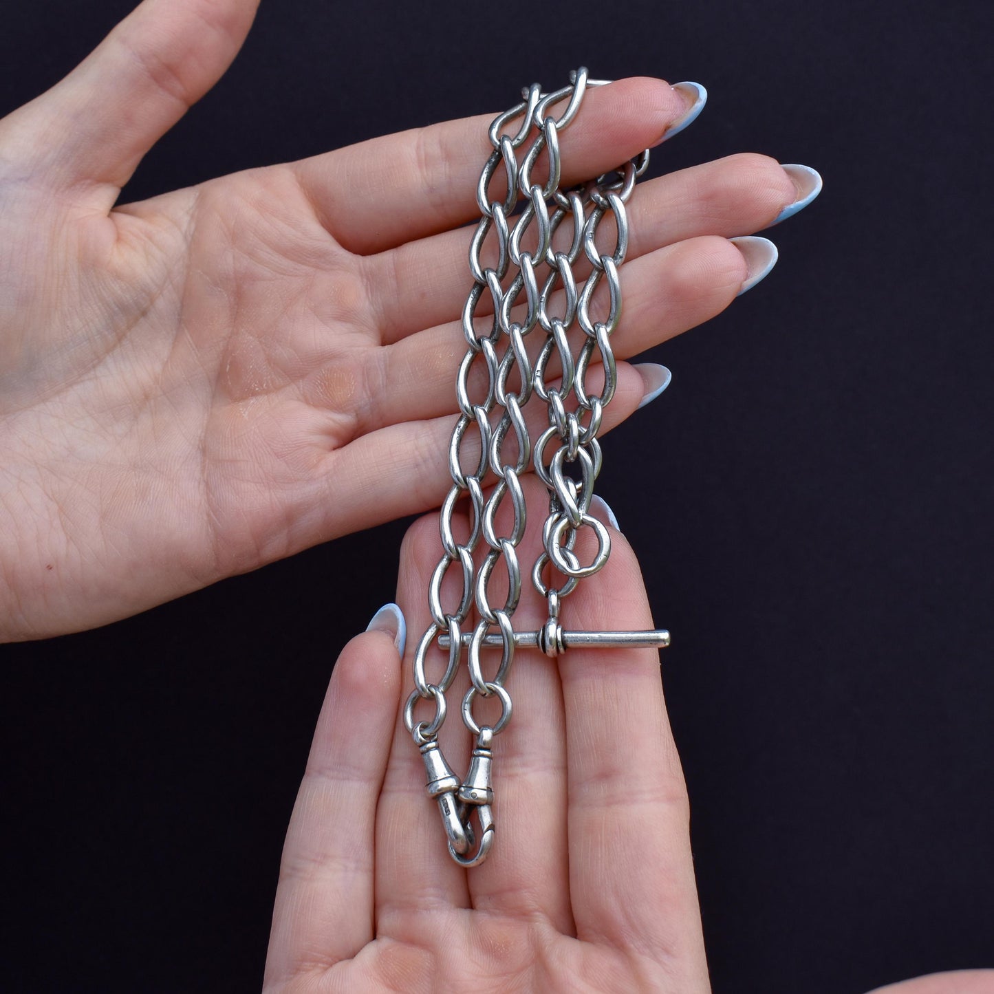 Antique 16.5" Sterling Silver Albert Watch Chain Necklace with T-Bar and Dog Clips