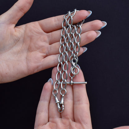 Antique 16.5" Sterling Silver Albert Watch Chain Necklace with T-Bar and Dog Clips