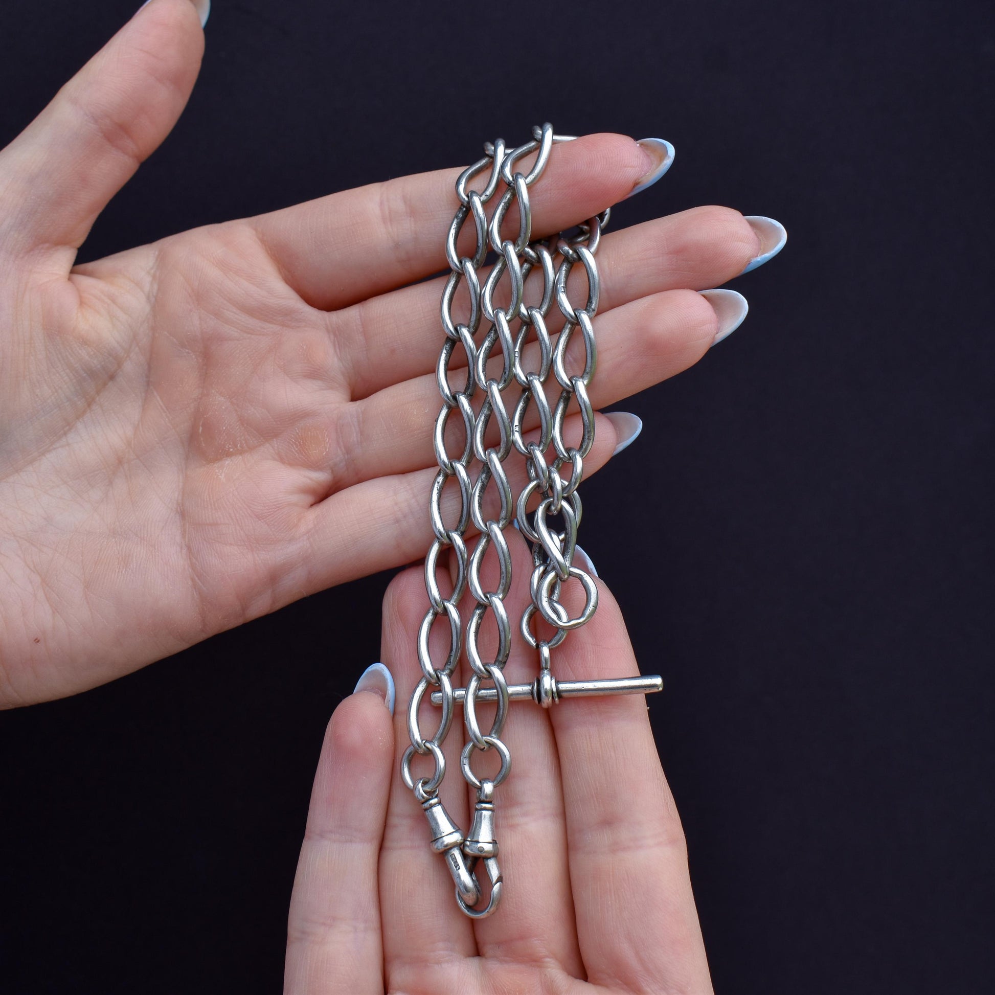 Antique 16.5" Sterling Silver Albert Watch Chain Necklace with T-Bar and Dog Clips