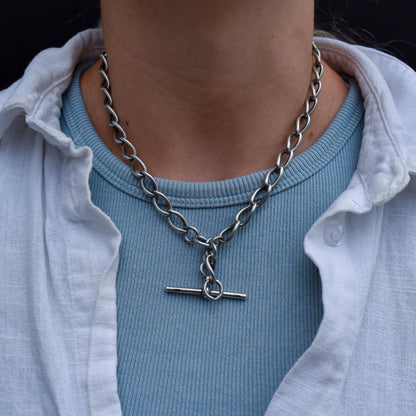 Antique 16.5" Sterling Silver Albert Watch Chain Necklace with T-Bar and Dog Clips