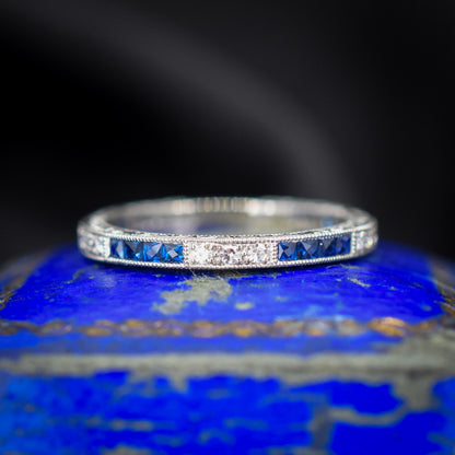 Art Deco Style Diamond and Blue Sapphire Platinum Full Eternity Wedding Band Ring
