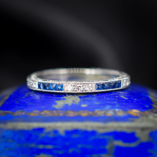 Art Deco Style Diamond and Blue Sapphire Platinum Full Eternity Wedding Band Ring