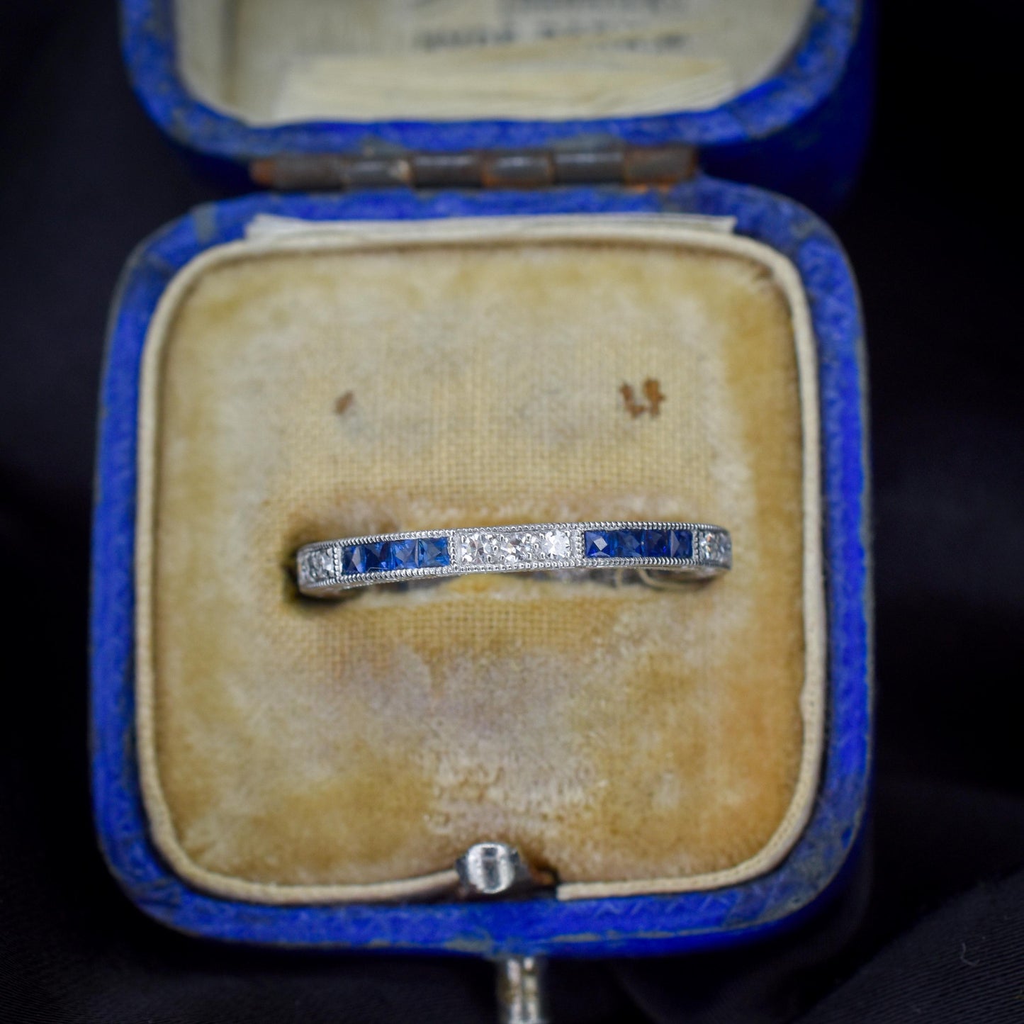 Art Deco Style Diamond and Blue Sapphire Platinum Full Eternity Wedding Band Ring