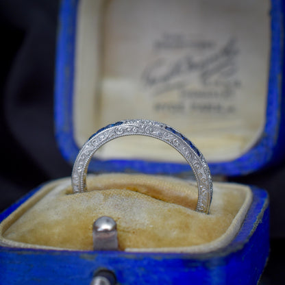 Art Deco Style Diamond and Blue Sapphire Platinum Full Eternity Wedding Band Ring