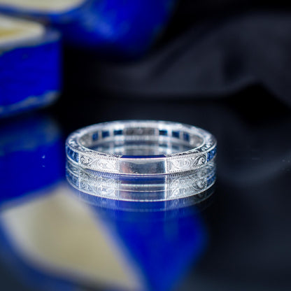Art Deco Style Diamond and Blue Sapphire Platinum Full Eternity Wedding Band Ring
