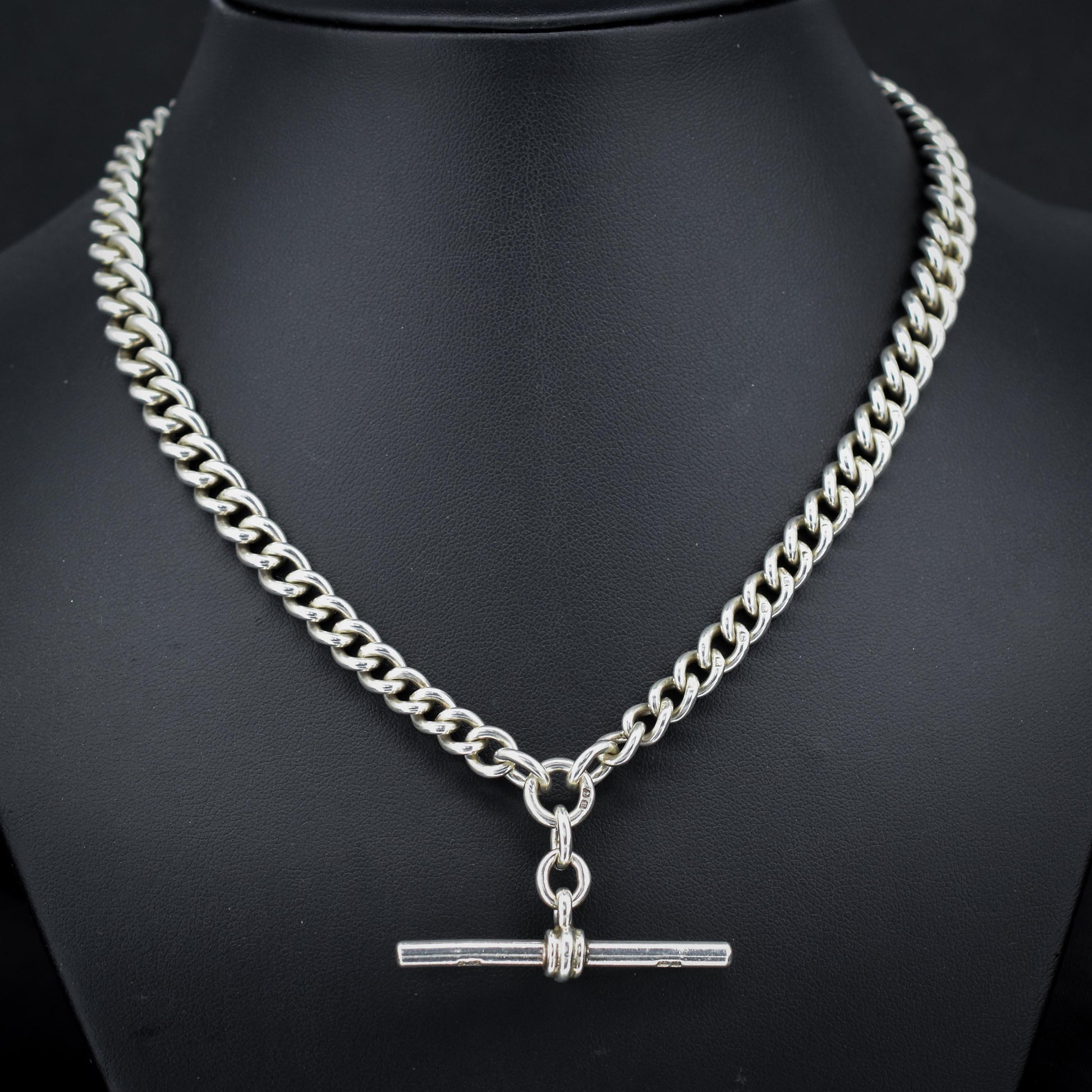 Antique '1919' Sterling Silver Curb Link Albert Watch Chain Necklace – 16.5"
