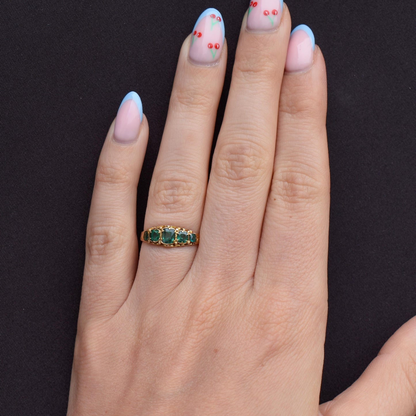 Antique Victorian '1868' Five Stone Emerald Green Paste 15ct Yellow Gold Scroll Ring