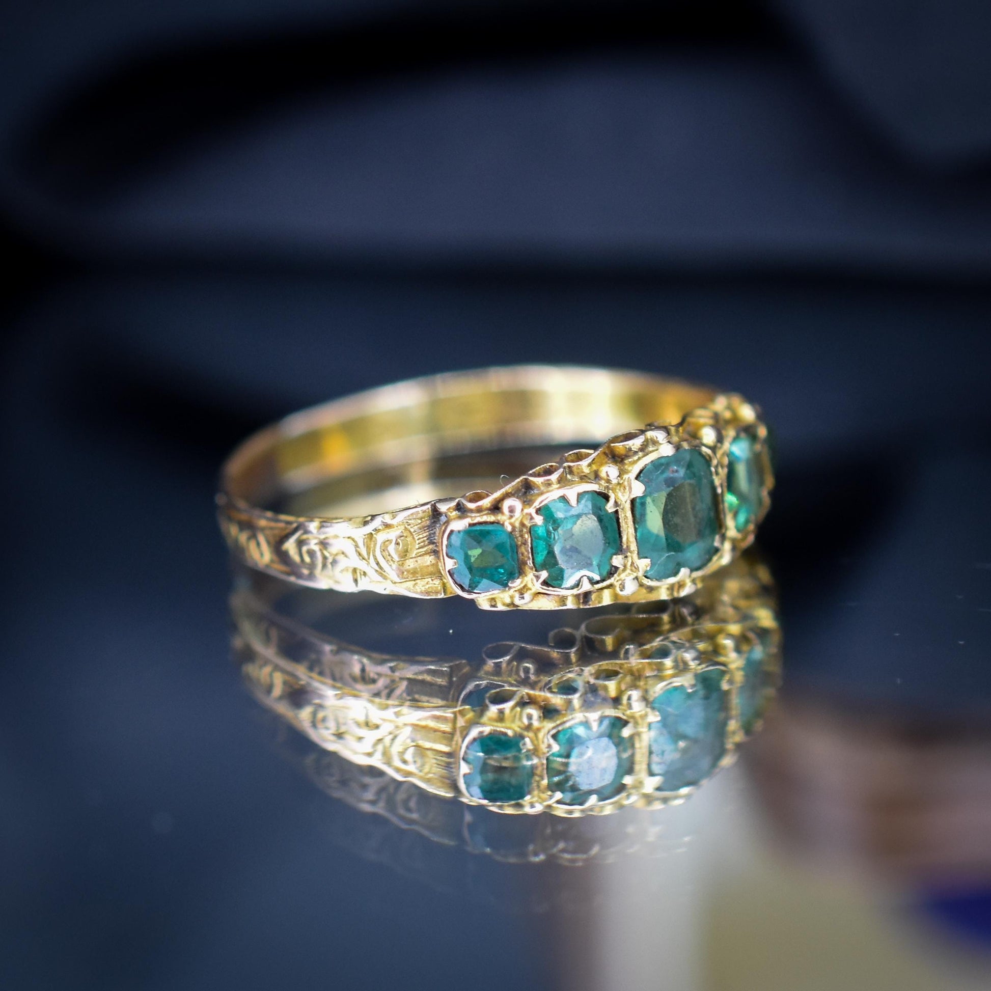 Antique Victorian '1868' Five Stone Emerald Green Paste 15ct Yellow Gold Scroll Ring