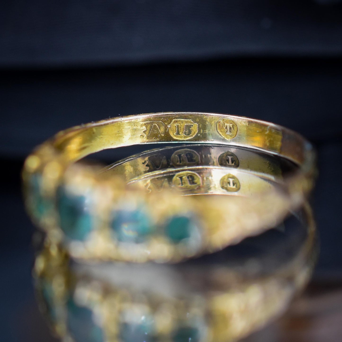 Antique Victorian '1868' Five Stone Emerald Green Paste 15ct Yellow Gold Scroll Ring