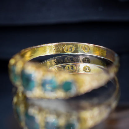 Antique Victorian '1868' Five Stone Emerald Green Paste 15ct Yellow Gold Scroll Ring