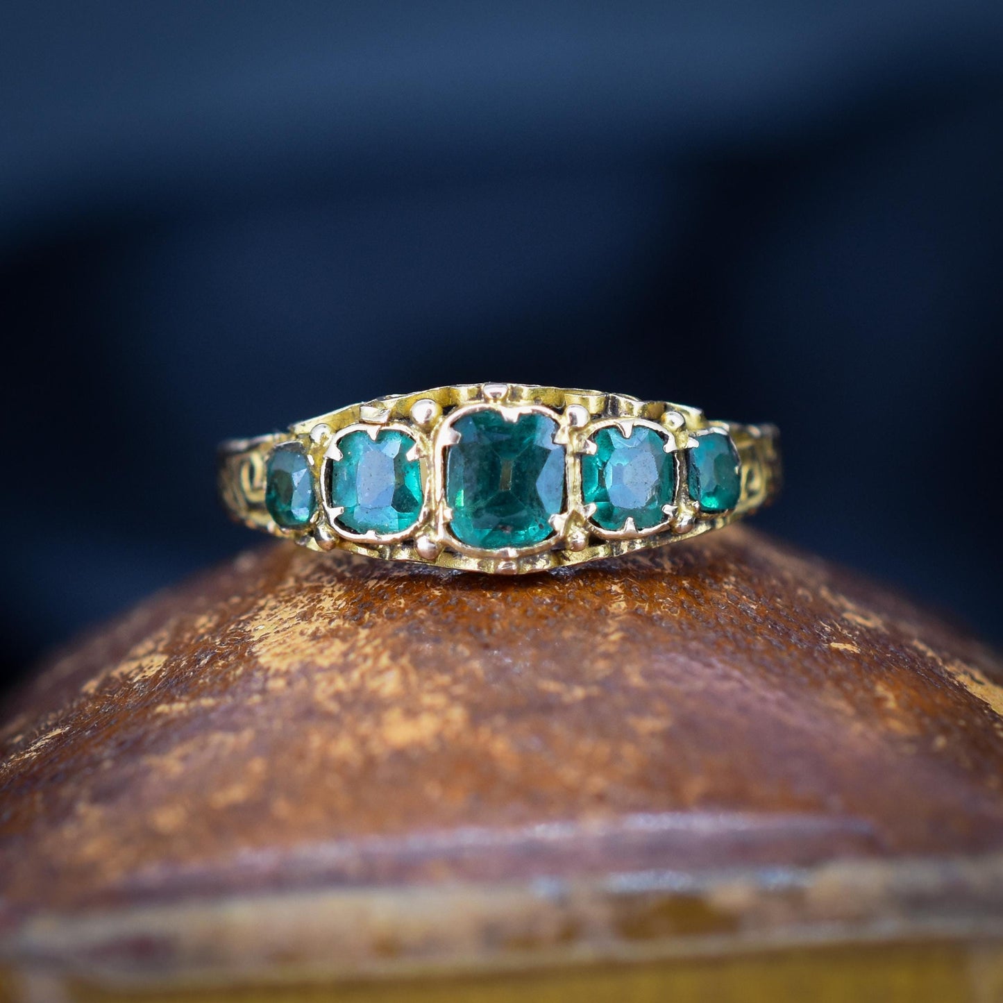 Antique Victorian '1868' Five Stone Emerald Green Paste 15ct Yellow Gold Scroll Ring