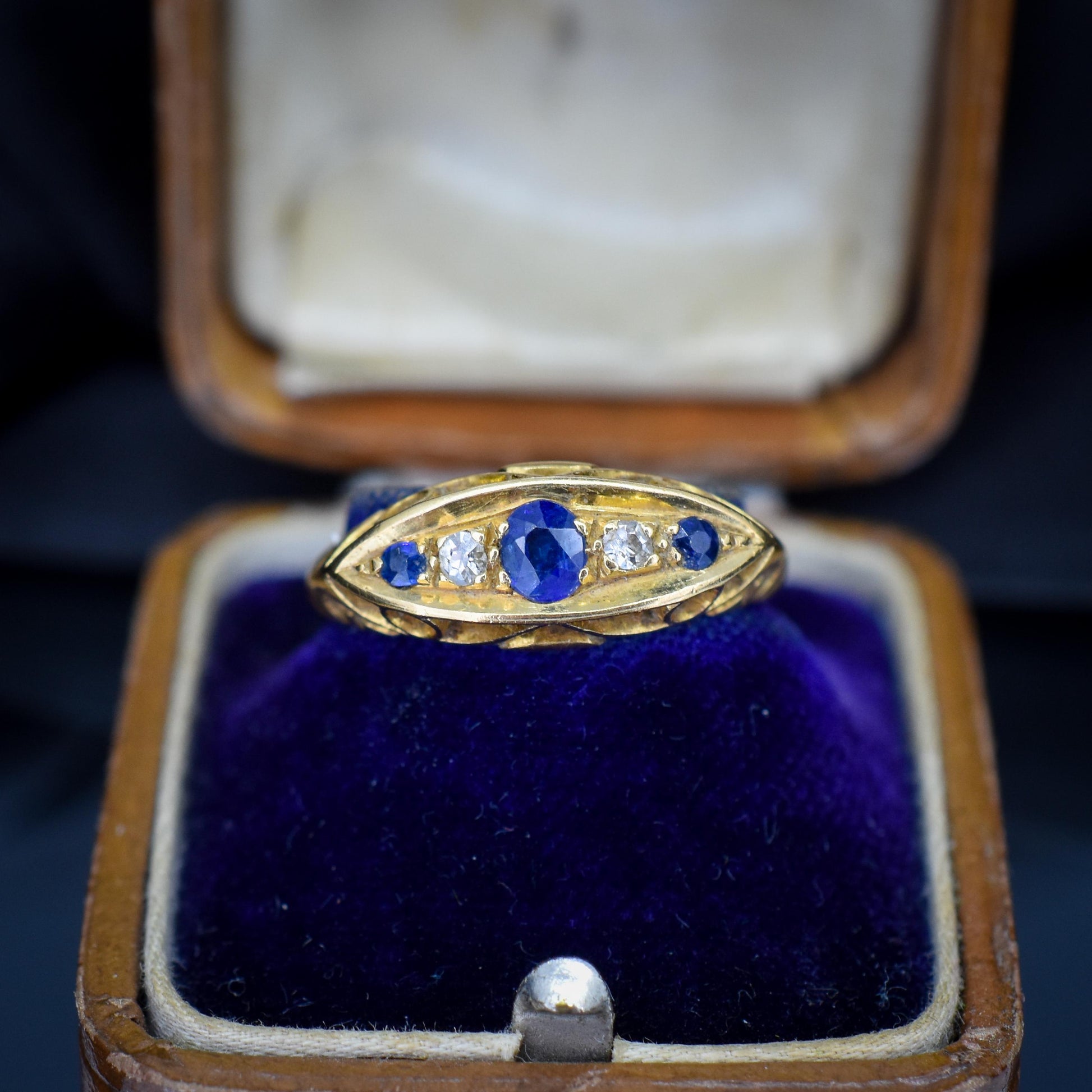 Antique Sapphire and Diamond 18ct Yellow Gold Boat Ring | Birmingham 1910