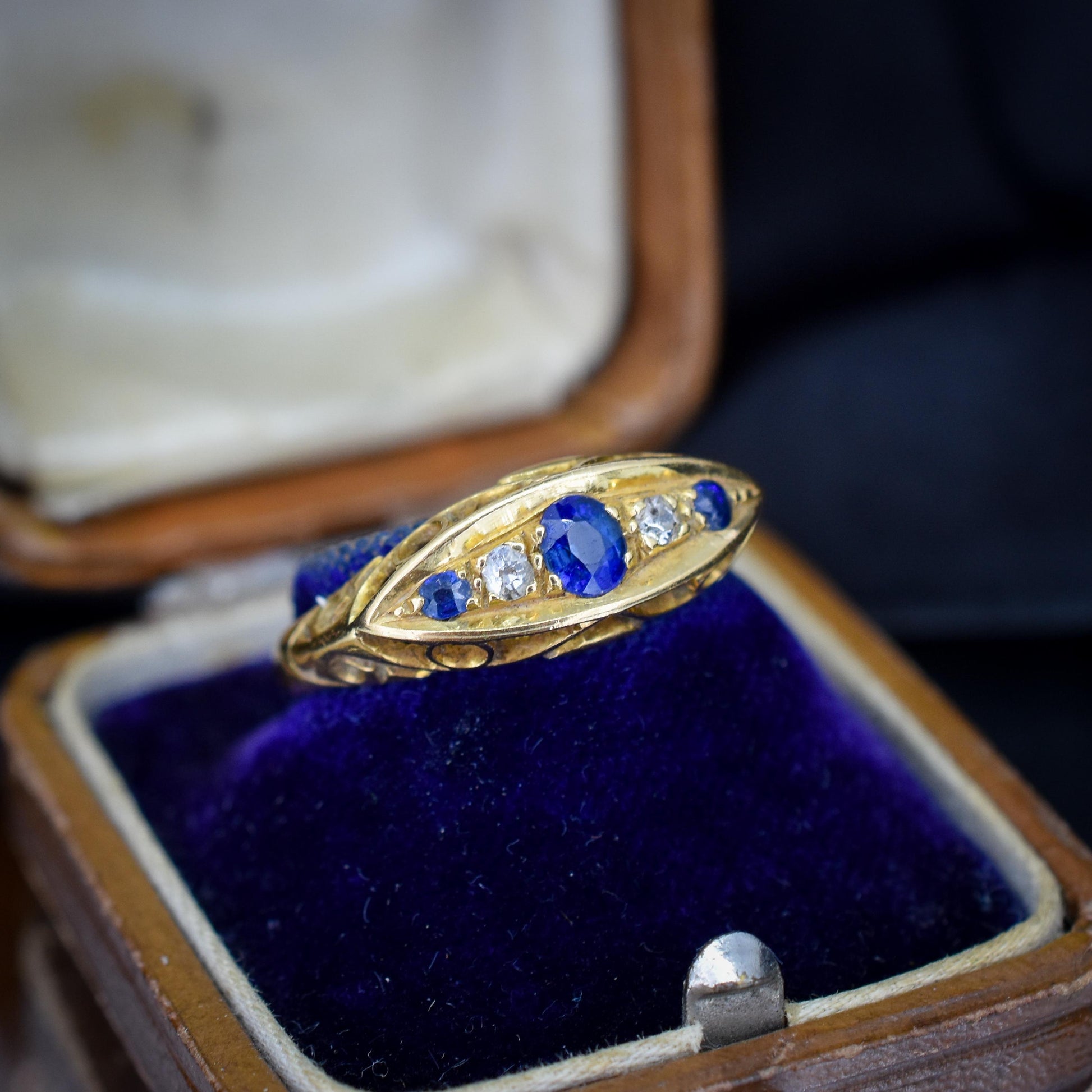 Antique Sapphire and Diamond 18ct Yellow Gold Boat Ring | Birmingham 1910