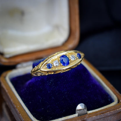 Antique Sapphire and Diamond 18ct Yellow Gold Boat Ring | Birmingham 1910