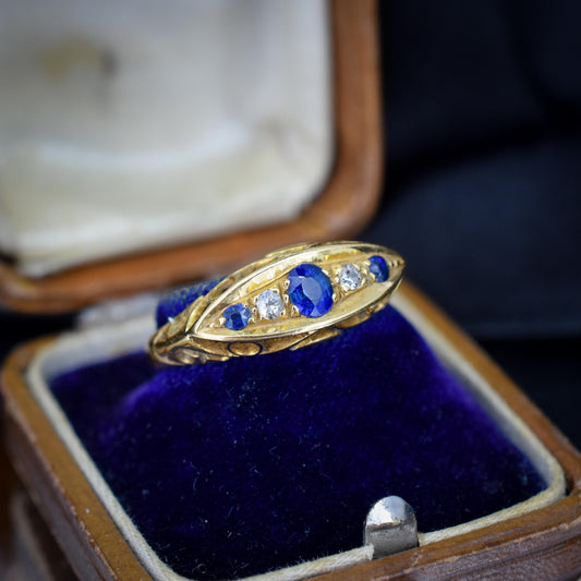 Antique Sapphire and Diamond 18ct Yellow Gold Boat Ring | Birmingham 1910