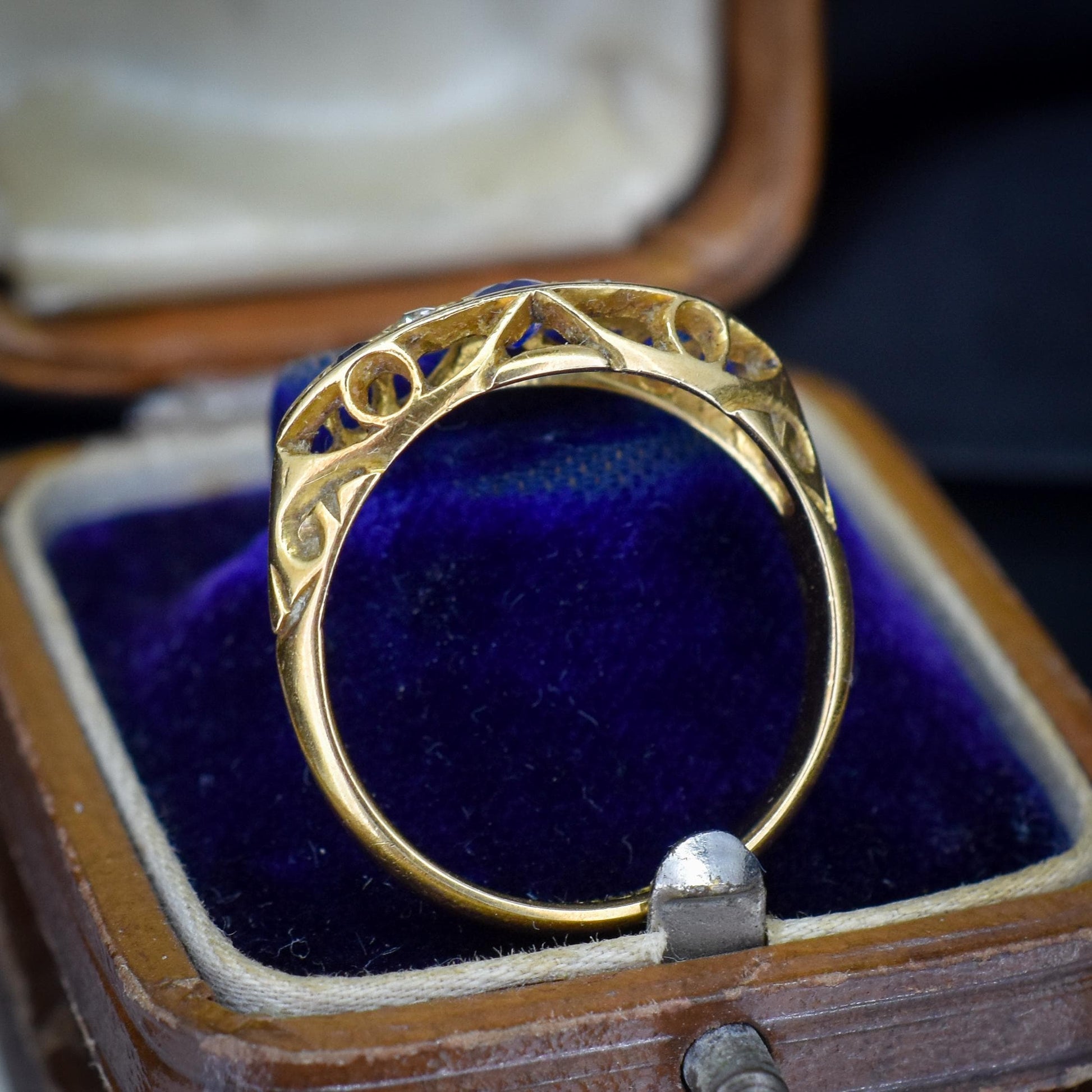 Antique Sapphire and Diamond 18ct Yellow Gold Boat Ring | Birmingham 1910