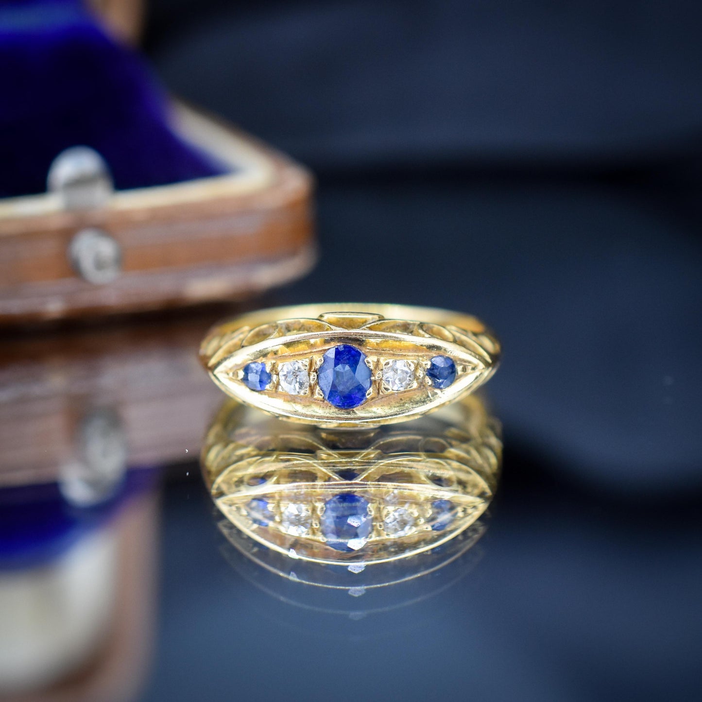 Antique Sapphire and Diamond 18ct Yellow Gold Boat Ring | Birmingham 1910