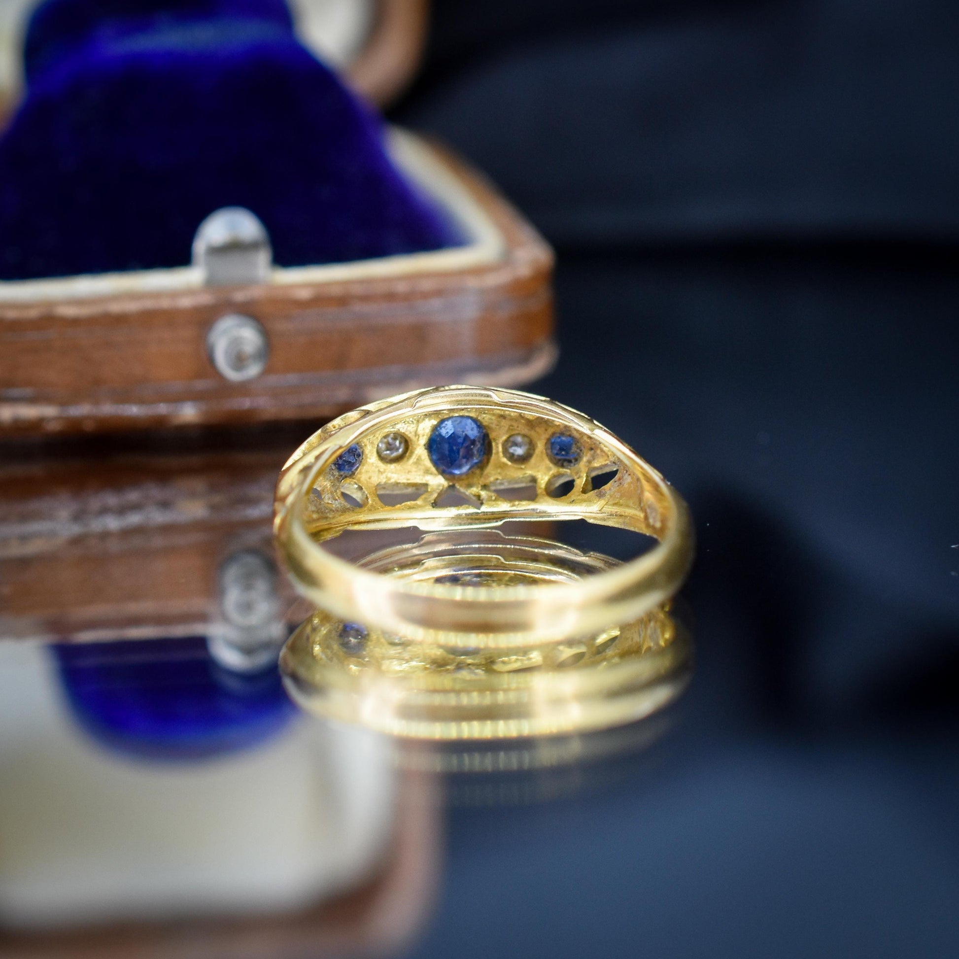 Antique Sapphire and Diamond 18ct Yellow Gold Boat Ring | Birmingham 1910