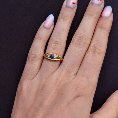 Antique Sapphire and Diamond 18ct Yellow Gold Boat Ring | Birmingham 1910