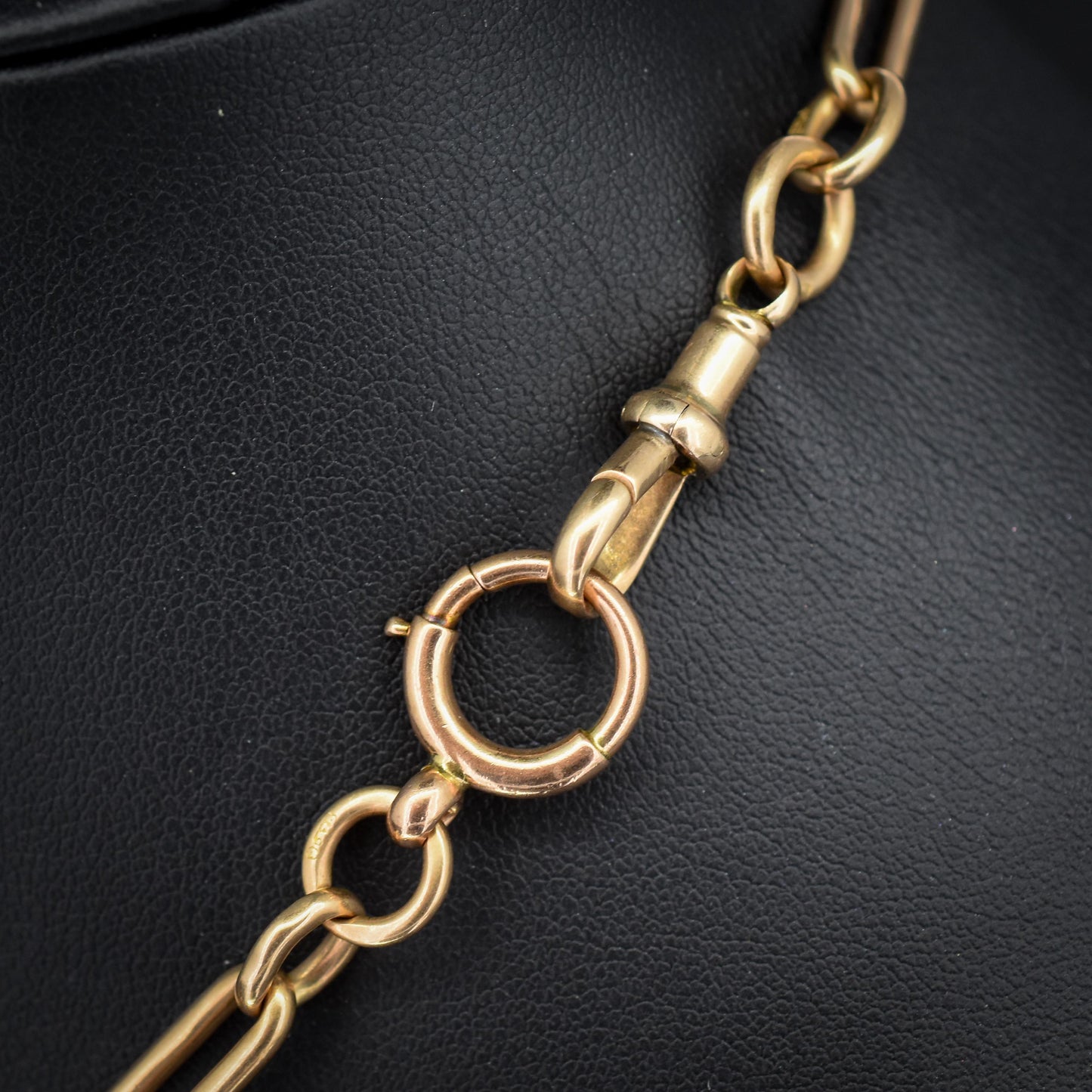 Antique 9ct Gold Trombone Link Albert Chain Necklace with Dog Clip and Bolt Ring | 15.25"