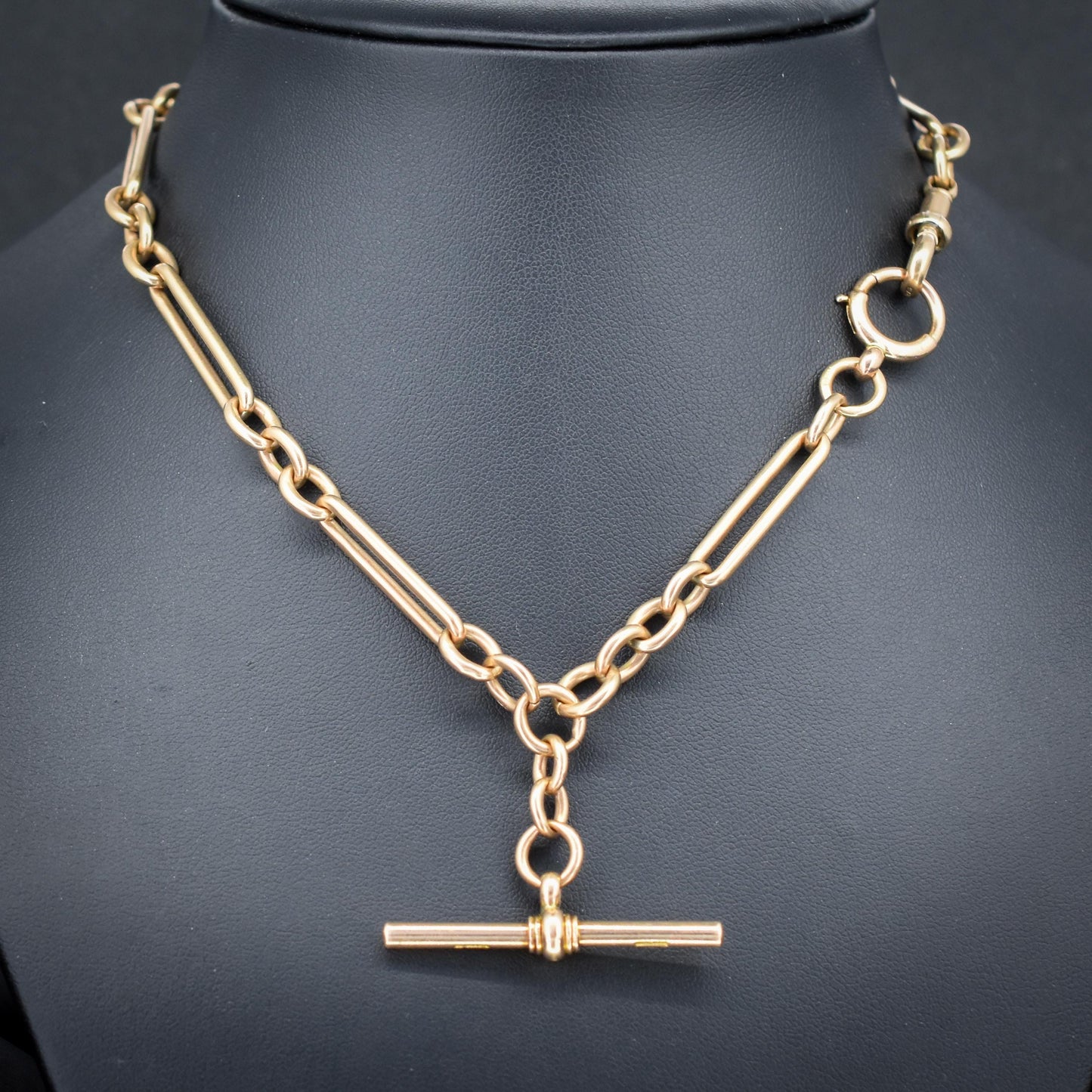 Antique 9ct Gold Trombone Link Albert Chain Necklace with Dog Clip and Bolt Ring | 15.25"