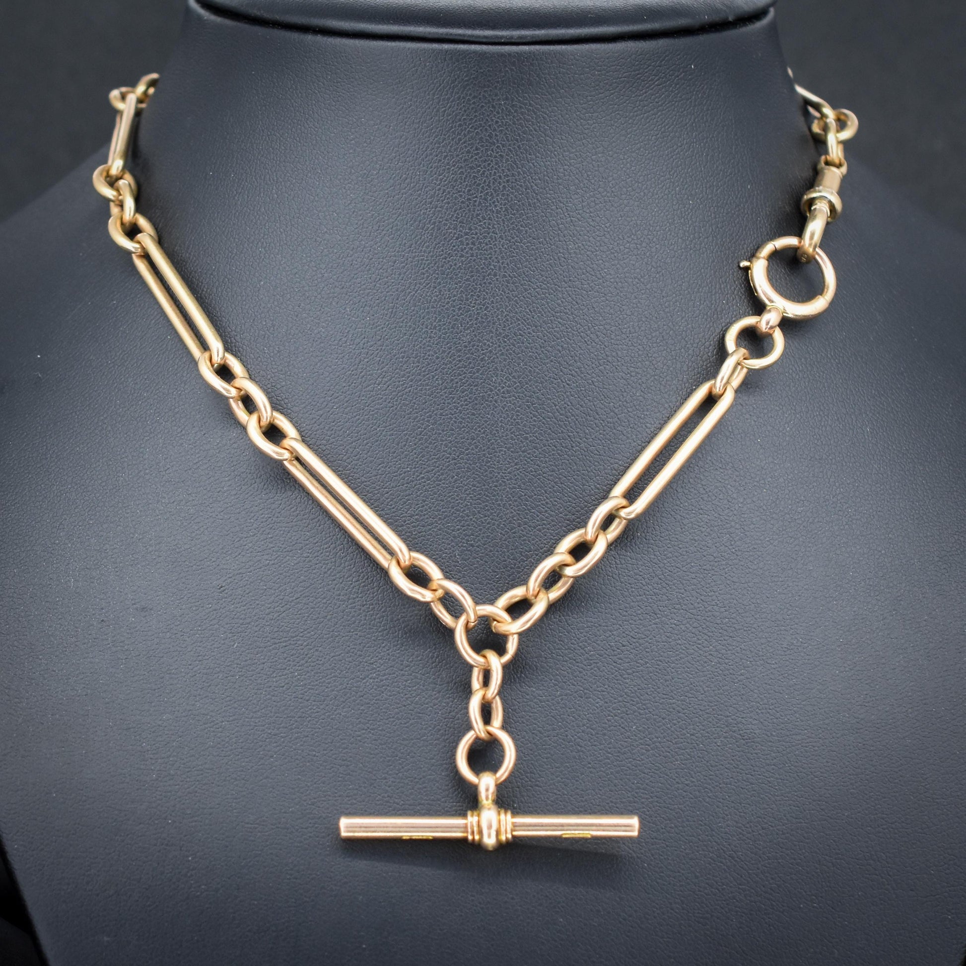 Antique 9ct Gold Trombone Link Albert Chain Necklace with Dog Clip and Bolt Ring | 15.25"