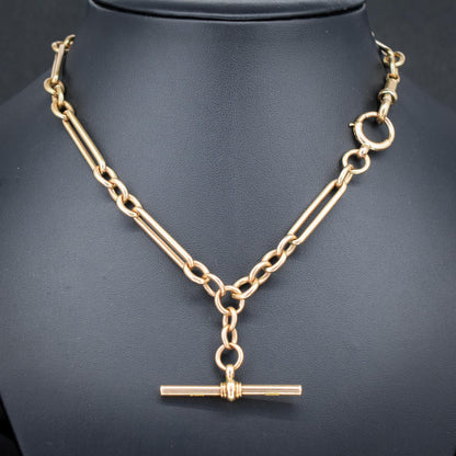 Antique 9ct Gold Trombone Link Albert Chain Necklace with Dog Clip and Bolt Ring | 15.25"