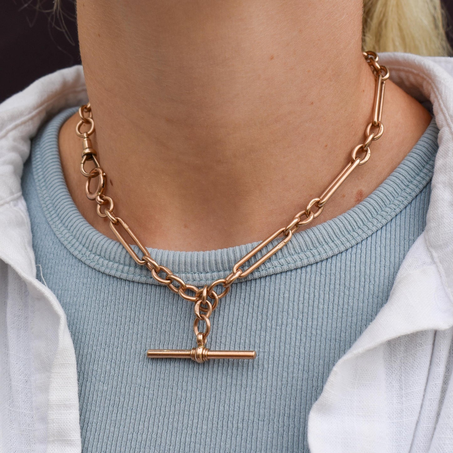 Antique 9ct Gold Trombone Link Albert Chain Necklace with Dog Clip and Bolt Ring | 15.25"