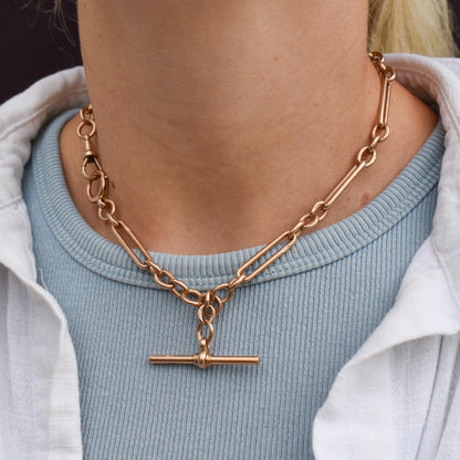 Antique 9ct Gold Trombone Link Albert Chain Necklace with Dog Clip and Bolt Ring | 15.25"