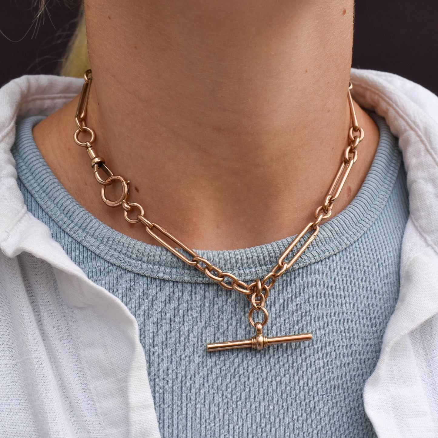 Antique 9ct Gold Trombone Link Albert Chain Necklace with Dog Clip and Bolt Ring | 15.25"