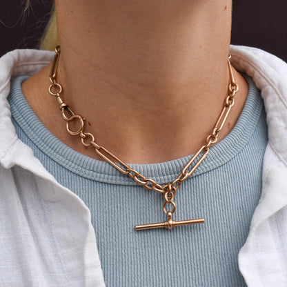 Antique 9ct Gold Trombone Link Albert Chain Necklace with Dog Clip and Bolt Ring | 15.25"