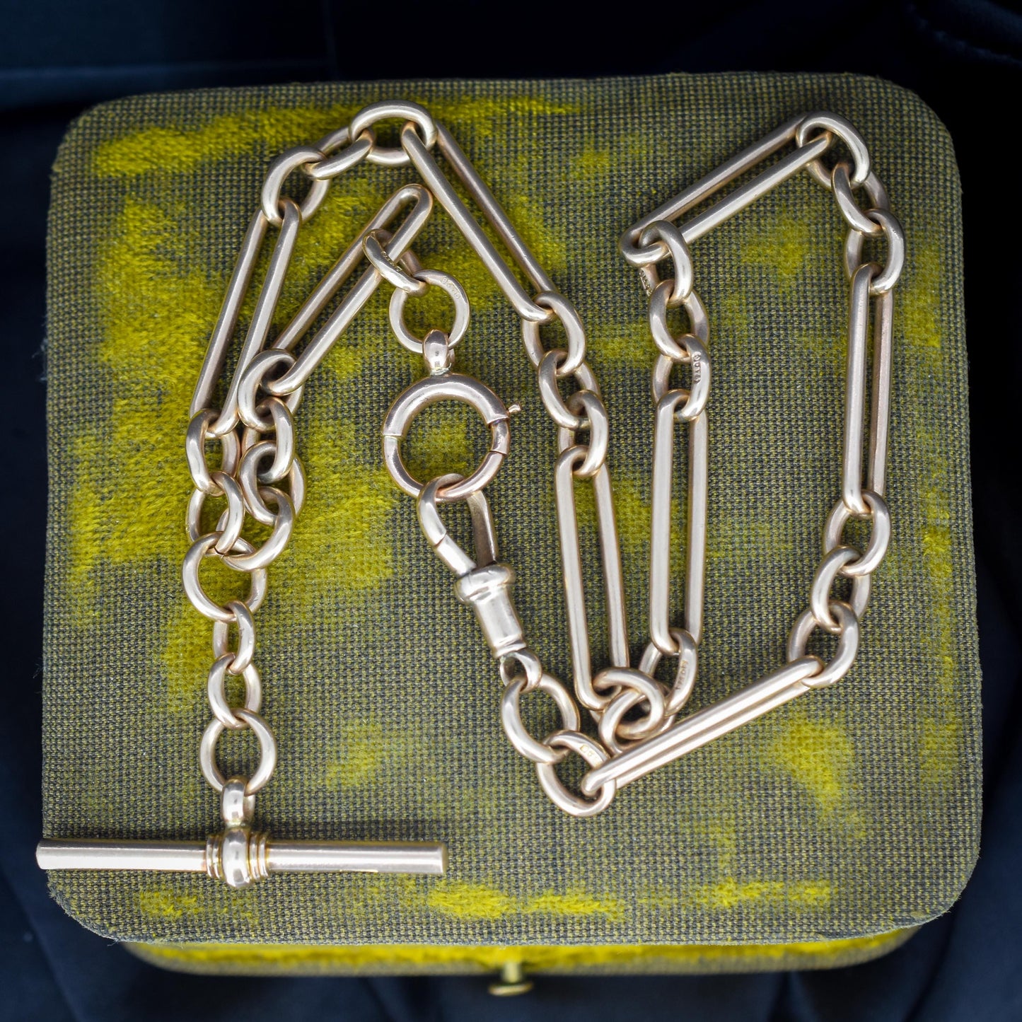 Antique 9ct Gold Trombone Link Albert Chain Necklace with Dog Clip and Bolt Ring | 15.25"