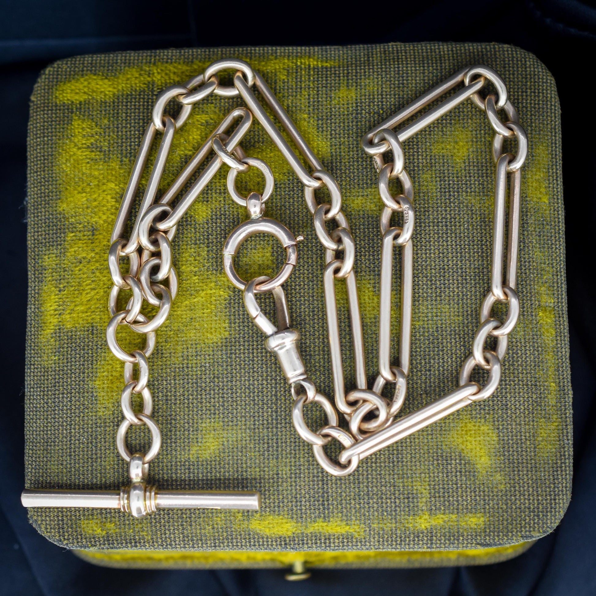 Antique 9ct Gold Trombone Link Albert Chain Necklace with Dog Clip and Bolt Ring | 15.25"