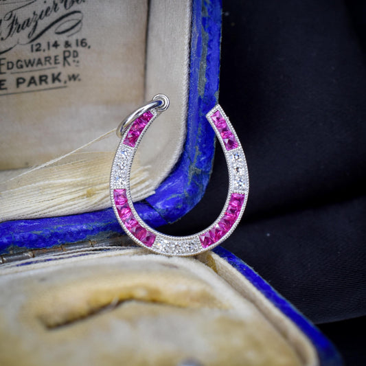 French Cut Ruby and Diamond Horseshoe Platinum Charm Pendant