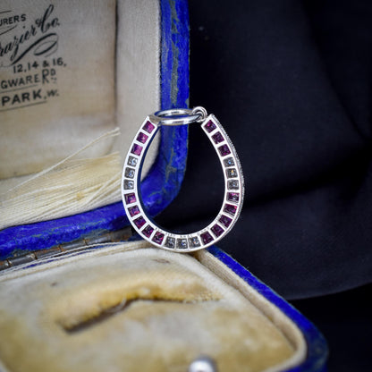 French Cut Ruby and Diamond Horseshoe Platinum Charm Pendant
