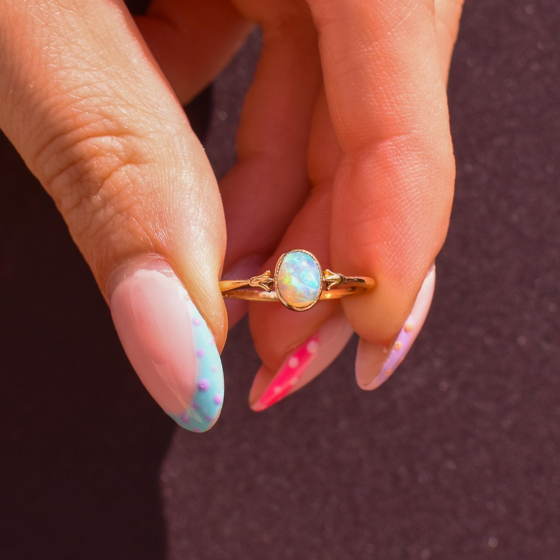 Antique Colourful Natural Opal Oval Bezel Solitaire 18ct Gold Ring