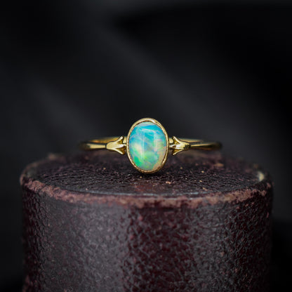 Antique Colourful Natural Opal Oval Bezel Solitaire 18ct Gold Ring
