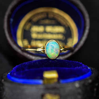 Antique Colourful Natural Opal Oval Bezel Solitaire 18ct Gold Ring