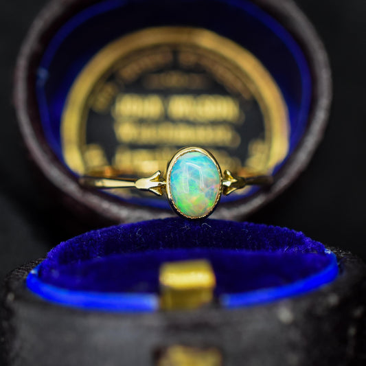 Antique Colourful Natural Opal Oval Bezel Solitaire 18ct Gold Ring