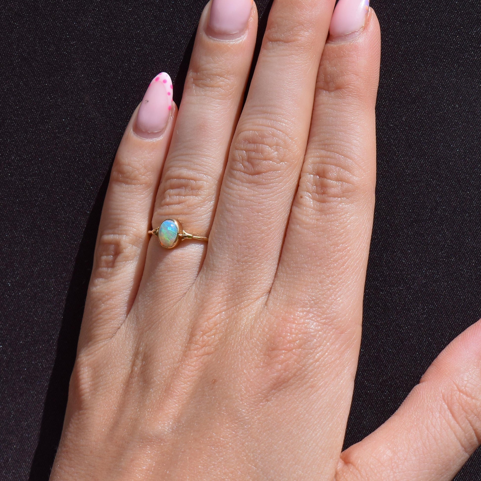 Antique Colourful Natural Opal Oval Bezel Solitaire 18ct Gold Ring