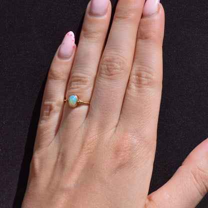 Antique Colourful Natural Opal Oval Bezel Solitaire 18ct Gold Ring