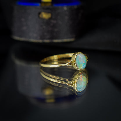 Antique Colourful Natural Opal Oval Bezel Solitaire 18ct Gold Ring