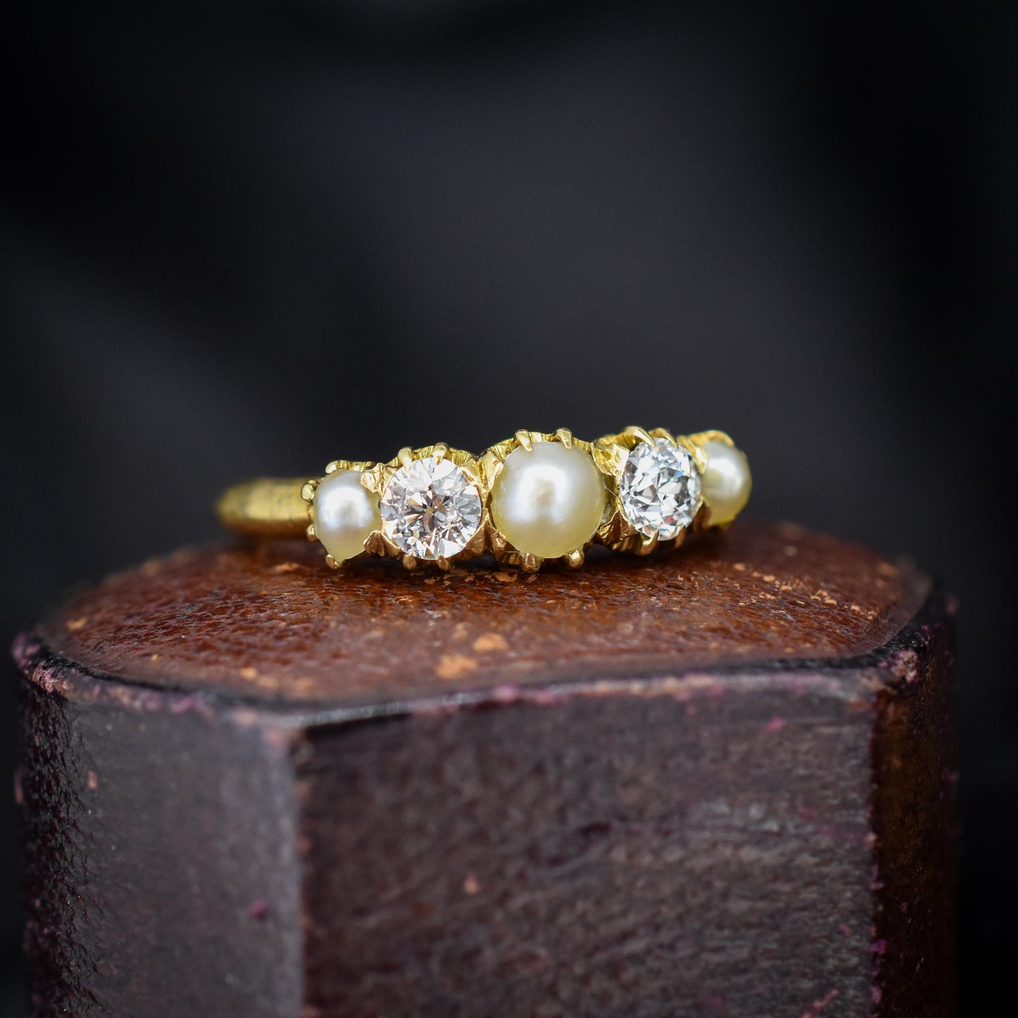 Antique Victorian Pearl and Old Cut Diamond Five Stone 18ct Yellow Gold Ring Band