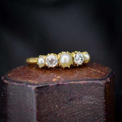Antique Victorian Pearl and Old Cut Diamond Five Stone 18ct Yellow Gold Ring Band