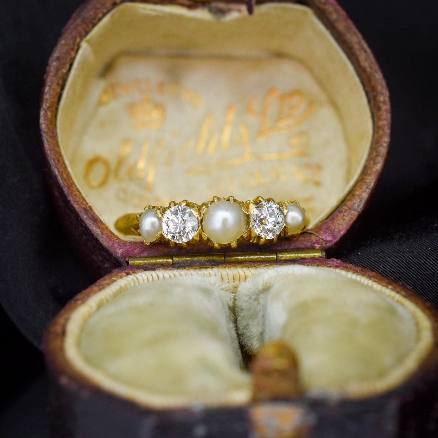 Antique Victorian Pearl and Old Cut Diamond Five Stone 18ct Yellow Gold Ring Band