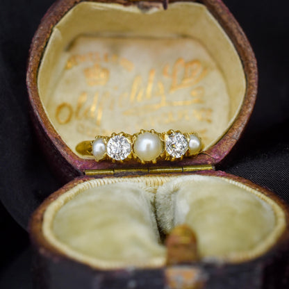 Antique Victorian Pearl and Old Cut Diamond Five Stone 18ct Yellow Gold Ring Band