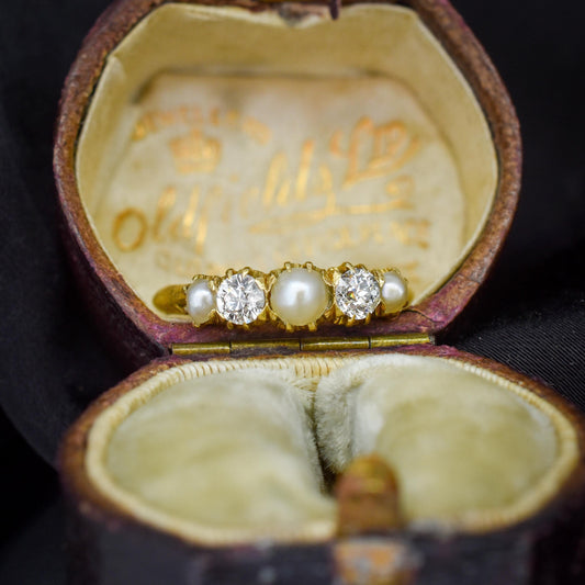 Antique Victorian Pearl and Old Cut Diamond Five Stone 18ct Yellow Gold Ring Band